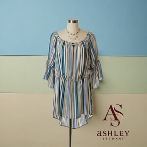 Ashley Stewart Striped Off Shoulder Bell Sleeve High Low Tunic Top Plus 18/20